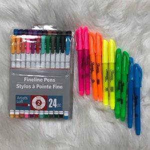 NWOT Artists Loft Fineline Pens 24 And Ten Sharpie Fluorescent Highlighters
